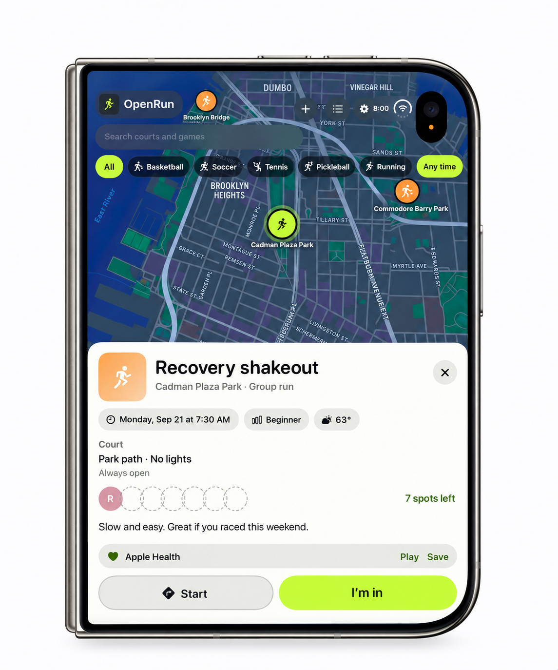 OpenRun on a folded iPhone Duo. A map of Brooklyn sits behind the game card for Recovery shakeout at Cadman Plaza Park: Monday, Sep 21 at 7:30 AM, Beginner level, 7 spots left, with Start and I’m in buttons.